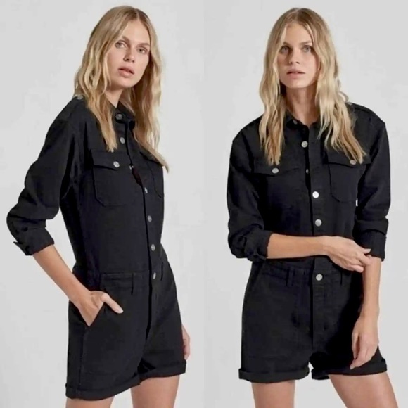 Current Elliot Black Shortall Denim Long Sleeve Collared  Women’s Romper Sz 4 - Picture 1 of 13